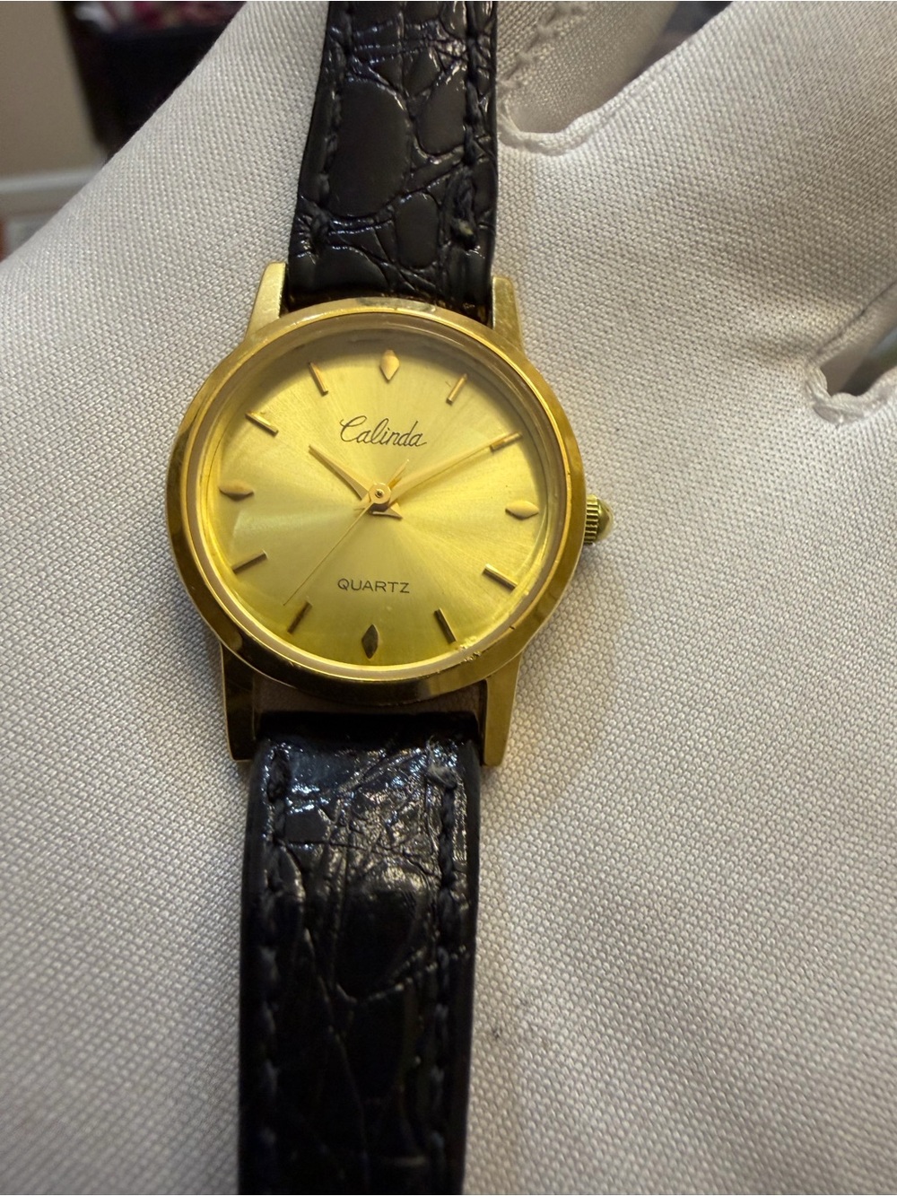 Calinda Gold Tone Quartz Dial Black Leather Strap 23mm Ladies Watch